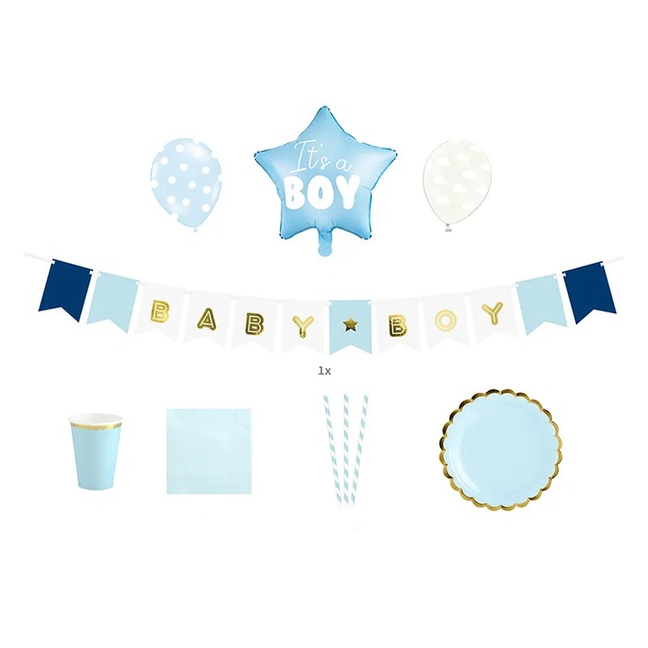 Set decoratiuni pentru petrecere It's a Boy IdealStore, Contine 6 pahare, 6 farfurii, 10 paie, 20 de servetele, 5 baloane din Latex si un Balon in forma de stea, Banner Baby Girl, Albastru