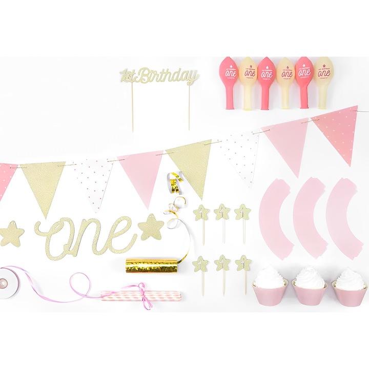 IdealSTORE Baby Party Girl party dekorációs készlet, Tartalma: EGY transzparens, papírfüzér, tortafeltöltő, cupcakes, latex lufi, világoskék szatén szalag, tökéletes első születésnapra