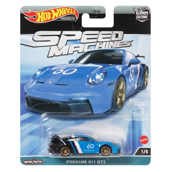 Количка за игра Hot Wheels, Speed Machines, Porsche 911 GT3, 1:64, син