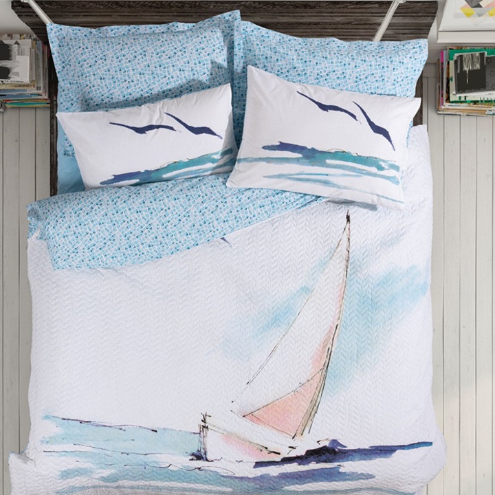 Комплект спално бельо и юрган за 1 човек, Cottonbox, Sail, Blue, 100% памук, 3 части