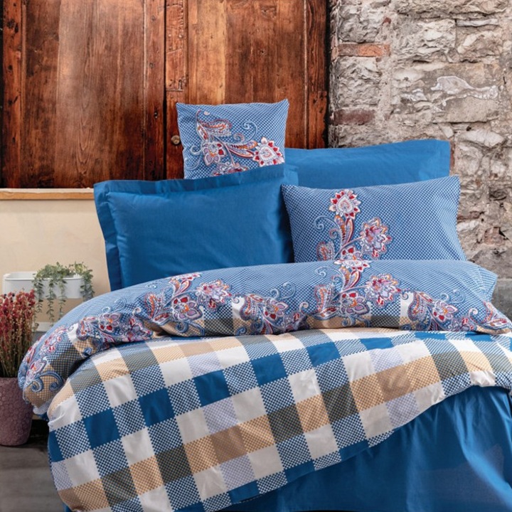 Lenjerie de pat cu 2 cearsafuri de pilota, Cottonbox, Galano, Bleumarin, Bumbac 100%, 5 piese