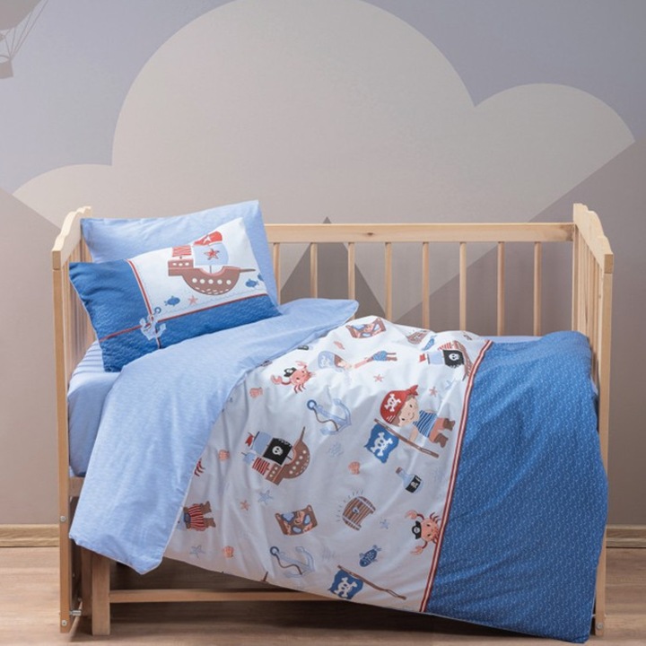 Lenjerie de pat pentru Patut Bebe, Cottonbox, Corsair, Albastru, Bumbac 100%, 4 piese