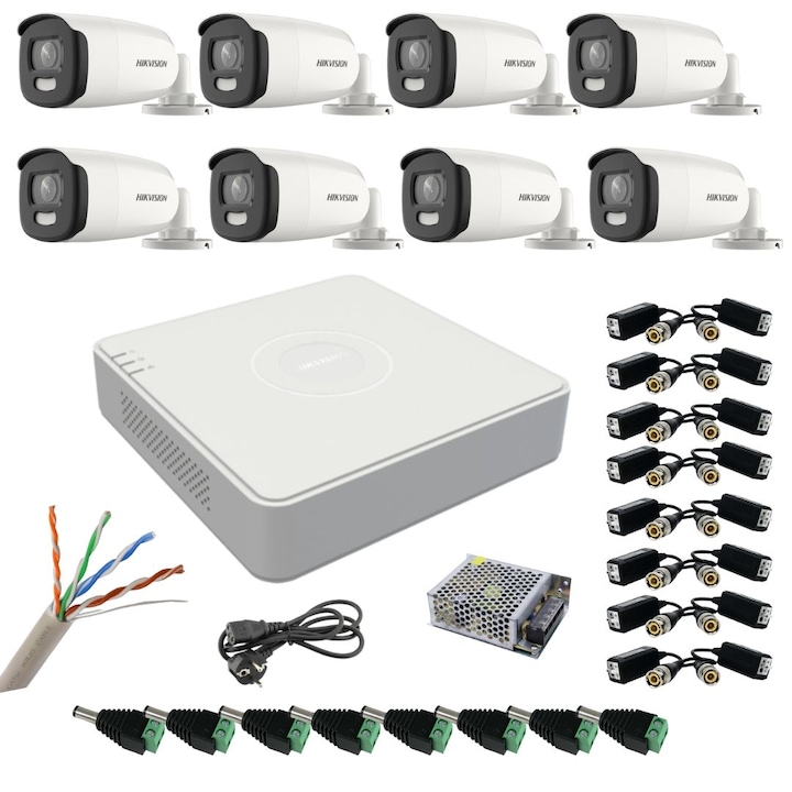 Sistem supraveghere video Hikvision 8 camere exterior ColorVu 5MP, lumina alba 40m, DVR 8 canale Hikvision, accesorii, hard disk