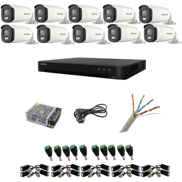 Kit 4 camere supraveghere Hikvision, 4 in 1, 8MP, IR 60m, DVR 4 canale, accesorii montaj, aplicatie telefon