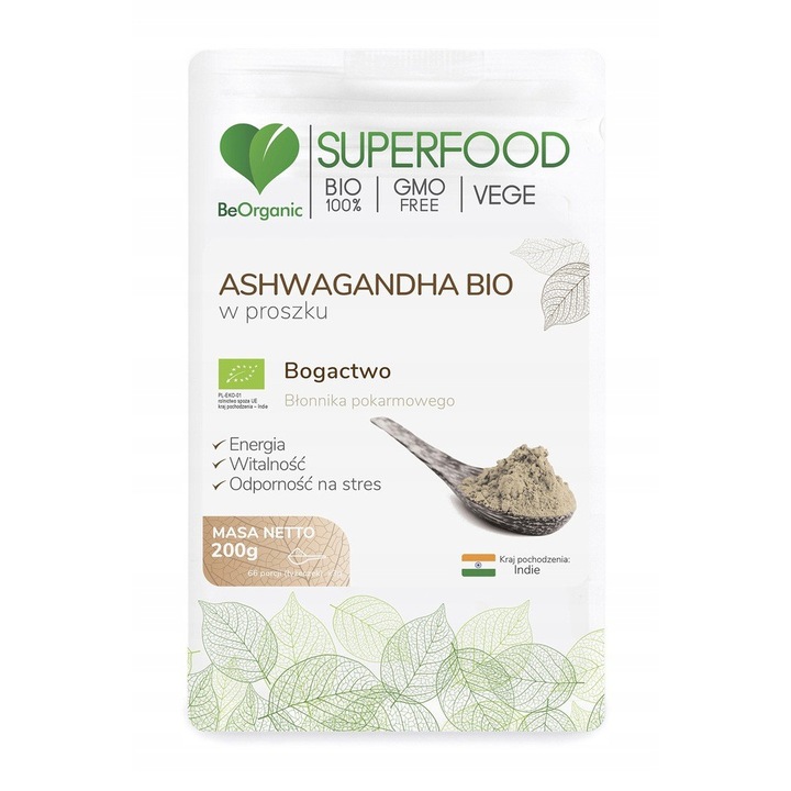 Supliment alimentar, BeOrganic, Ashwagandha BIO, pulbere 200g