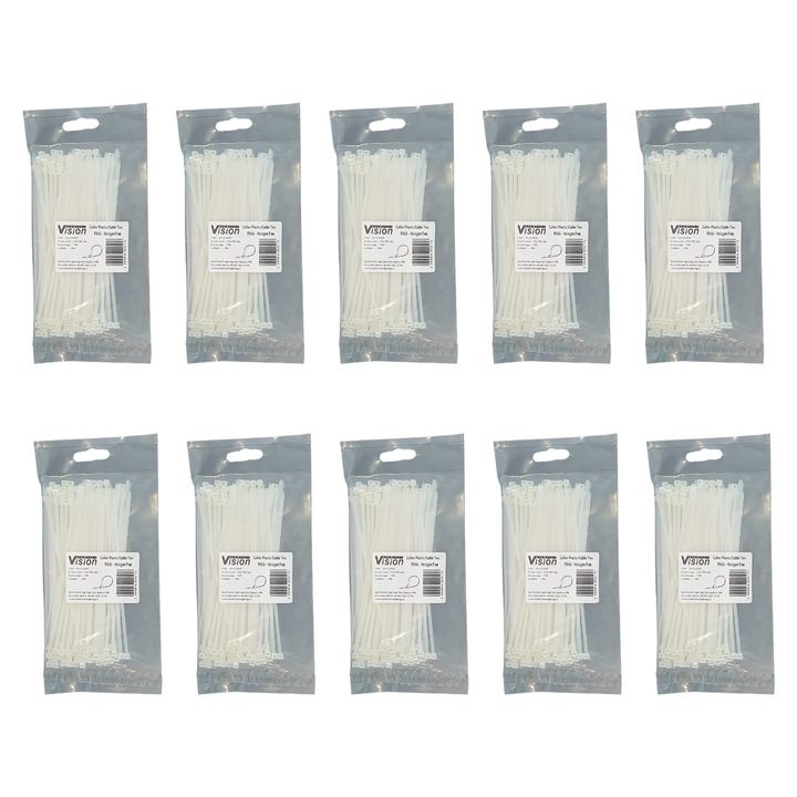 Set 10 pachete x 100 buc coliere plastic, Vision, 3x250 mm, alb