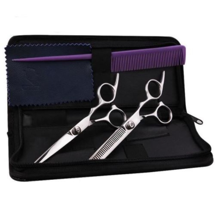 Set 2 foarfece si pieptene, Otel inoxidabil, 17 cm, Argintiu/Mov