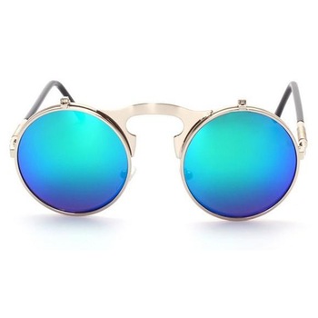 Ochelari de soare rotunzi, model Flip Up, rama argintie si lentile de soare verzi, DyStyle Ochelari de soare rotunzi, model Flip Up, rama argintie si lentile de soare verzi, DyStyle