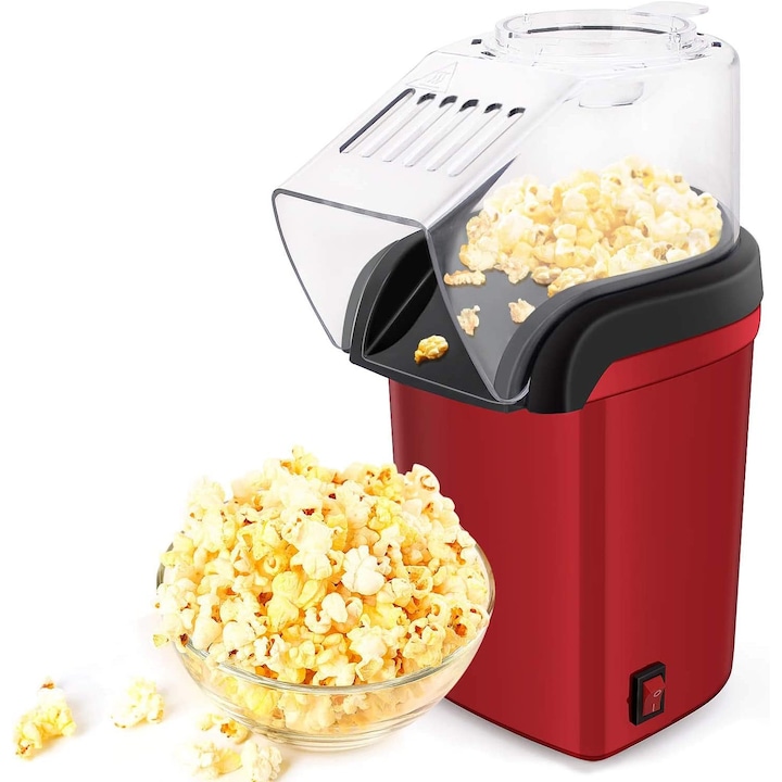 Aparat cu Aer Cald de facut Popcorn, Gata in max. 3 min, 1200W, Recipient dozator Boabe, Rosu, Bukate®