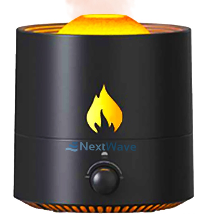 Ultrahangos NextWave légpárásító aromaterápiás diffúzorral, Vulcan modell piros fénnyel, 2 működési beállítás, állítható párásítás, otthoni, irodai és autós, fekete színben