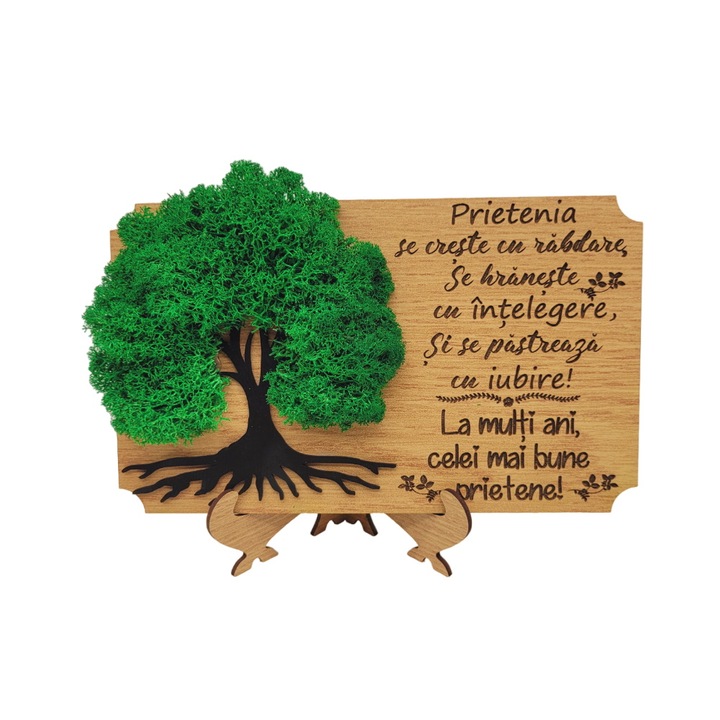 Tablou cu licheni gravat cu mesaj pentru cea mai buna prietena "La multi ani", 20x13 cm, Lemn, Model 2