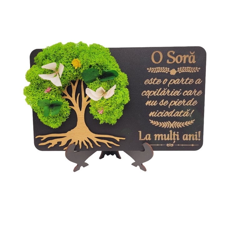 Tablou cu licheni gravat cu mesaj pentru sora "La multi ani", 20x13 cm, Lemn, Model 2
