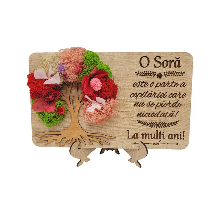 Tablou cu licheni gravat cu mesaj pentru sora "La multi ani", 20x13 cm, Lemn, Model 1
