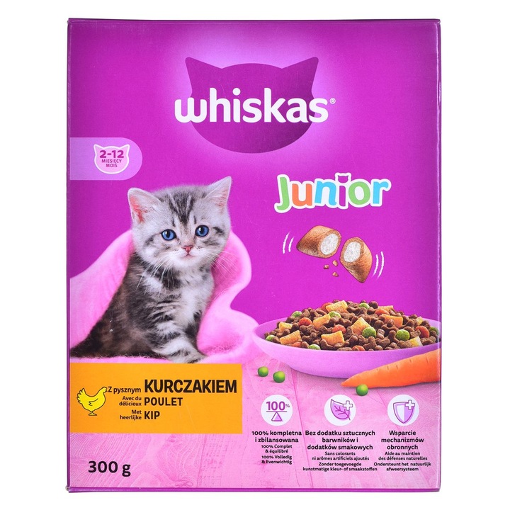 Hrana uscata pentru pisici junior, Whiskas, Aroma pui, 300 g