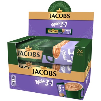 Cafea instant, Jacobs 3 in 1 Milka, 18 g x 24 plicuri Cafea instant, Jacobs 3 in 1 Milka, 18 g x 24 plicuri