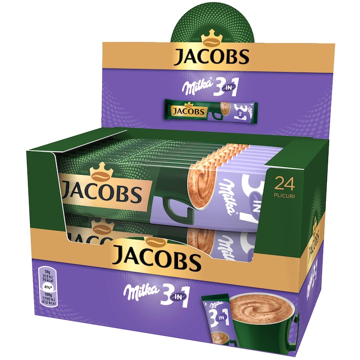 Cafea instant, Jacobs 3 in 1 Milka, 18 g x 24 plicuri