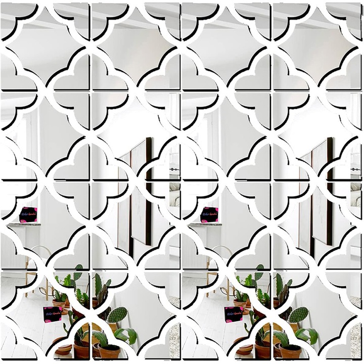 Set 8 stickere auto-adezive, BOMSTOM, tip oglinda decorativa, PVC acrilic, impermeabil, anticoroziv, usor de lipit si de detasat，pentru Baie Living si Bucatarie, 20 x 20 cm/ 7,87 x 7,87 inch，Argintiu