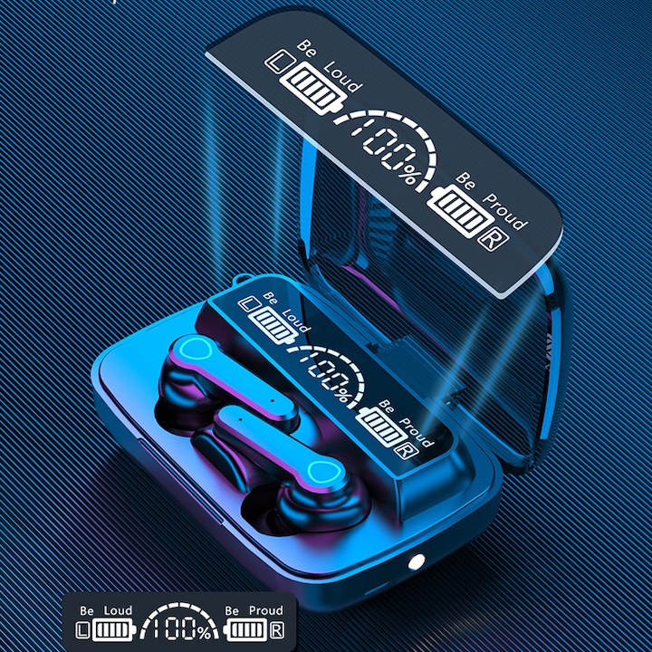 Căști Bluetooth M19 în carcasa de încărcare, cu afișaj digital.