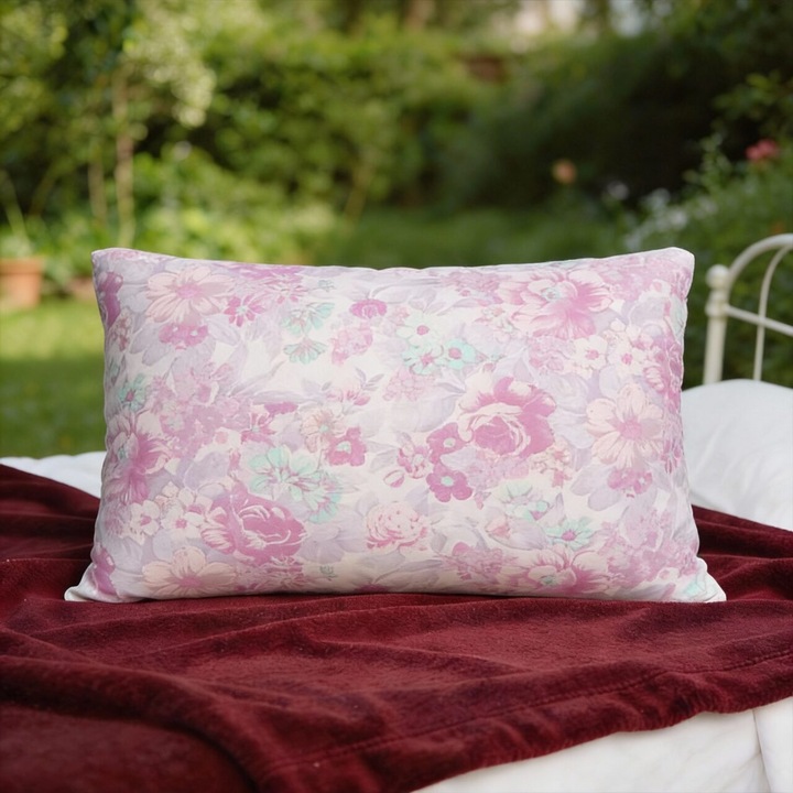 Perna Mica HappyNest, inflorata, lila, din 30% puf de gasca, 40x40 cm