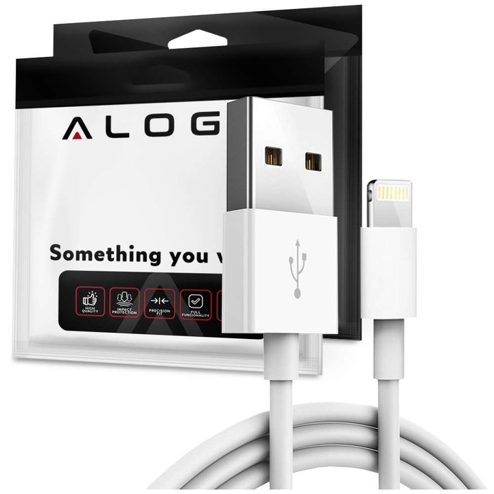 Cablu de incarcare rapida, Alogy, 2m, USB la Lightning, 20W, Alb