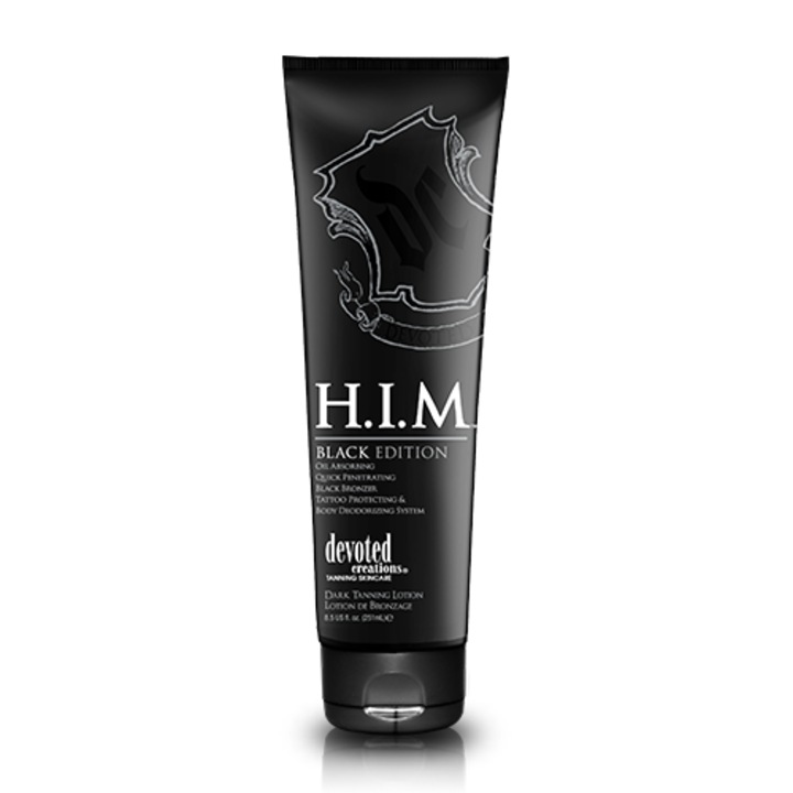 Szolárium krém H.I.M. Black Edition, bronzosító krém férfiaknak barnulást gyorsító és tetoválás elleni védelemmel, 251 ml