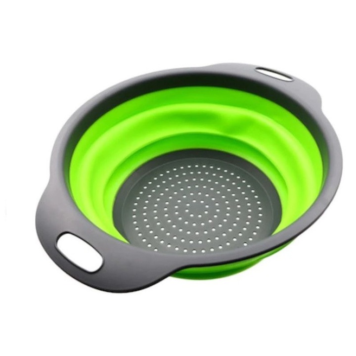 Strecuratoare Pliabila Rotunda eOptima®A144, pentru Paste, Profesionala, cu Manere, Diametru 24 cm, Material Plastic Flexibil si Silicon, Verde/ Gri