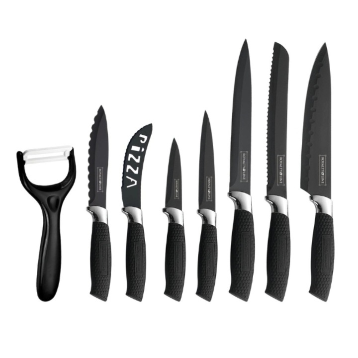Set format din 7 cutite bucatarie, din otel inoxidabil, maner aderent, utilitate diversa, curatat, feliat, tocat si dezosat, Negru