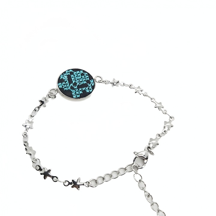 Bratara din inox cu broderie traditionala si lant inox Albastru