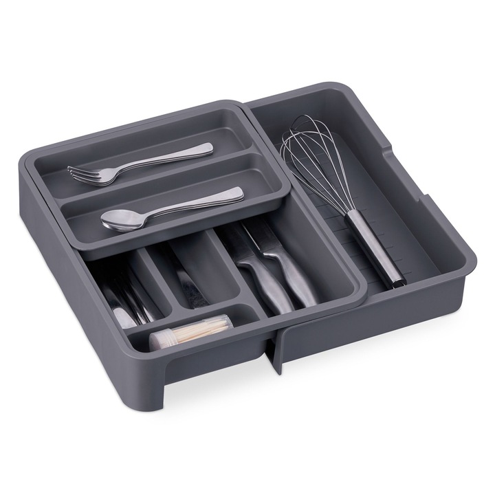 Organizator tacamuri, pentru sertar, 7 compartimente, latime reglabila, 6,5 x 23,5 x 31,5 cm, gri inchis