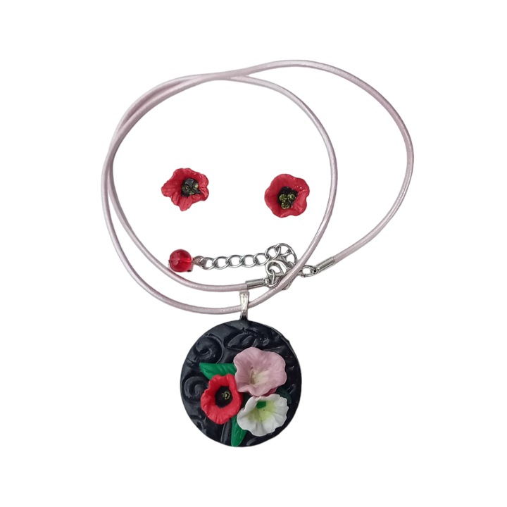 Set colier si cercei, handmade, model cu trei flori, lut polimeric, 43 cm