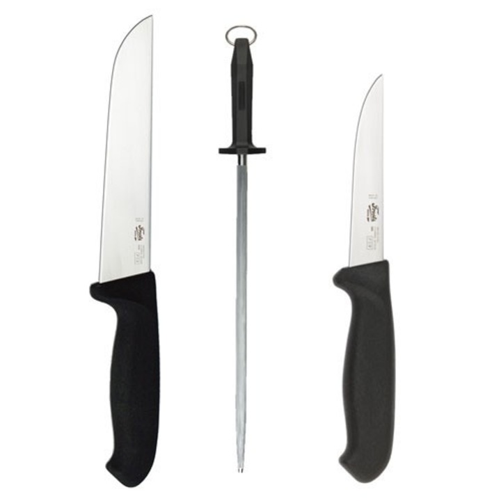 Set 2 cutite si o tija de ascutire Morakniv negre de macelarit vanat