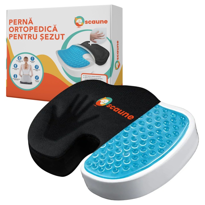 Perna ortopedica pentru sezut din spuma cu memorie si gel racoritor eScaune, husa detasabila din catifea si design ergonomic