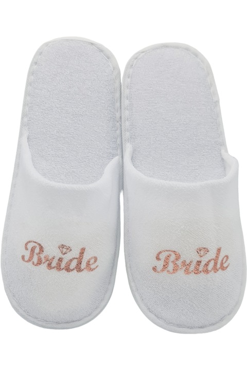 Papuci pentru mireasa, StarFashion, unica folosinta, inscriptionati cu textul "Bride" roz aramiu, model cu diamant, albi, OneSize