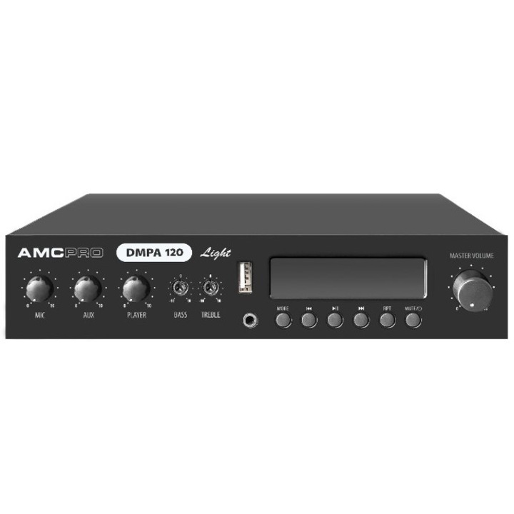 Amplificator AMC DMPA 120L, clasa D, 120 W, player media SD/USB integrat, intrare AUX
