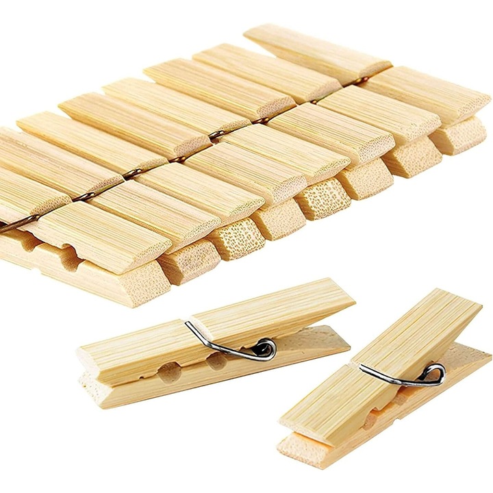 Set Carlige clasice din lemn de bambus pentru rufe, 20 Buc, Lungime 7.1 cm, culoare natur, Ecologice