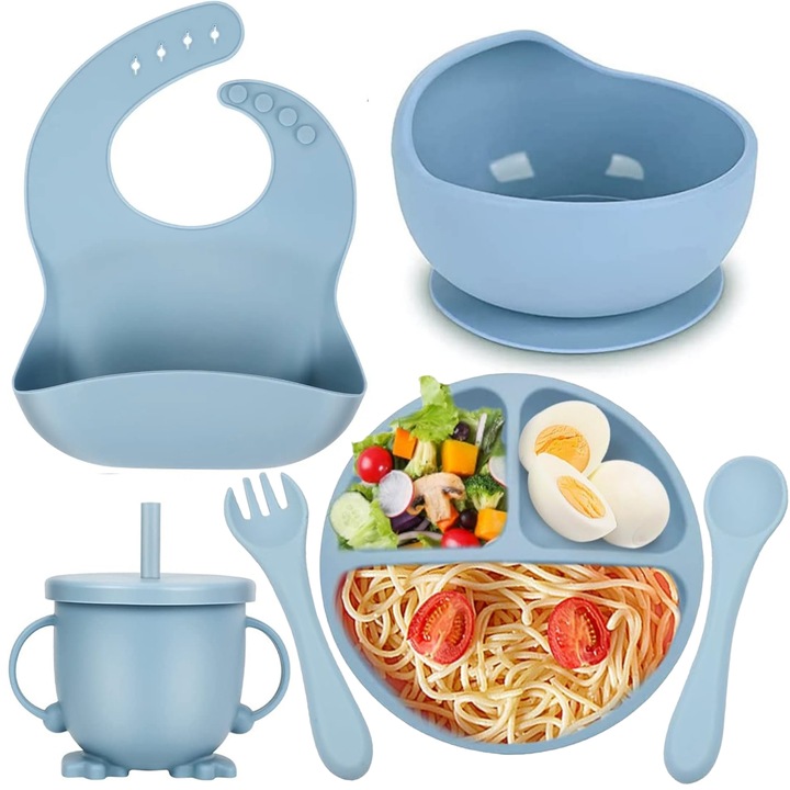 6 db-os BPA-mentes szilikon készlet, DEWIFIER, bébiétel változatossá tételéhez, 6+ hónapos, Tál, Tányér, Csésze szívószállal, kanállal, Villával, előkével, kék színű