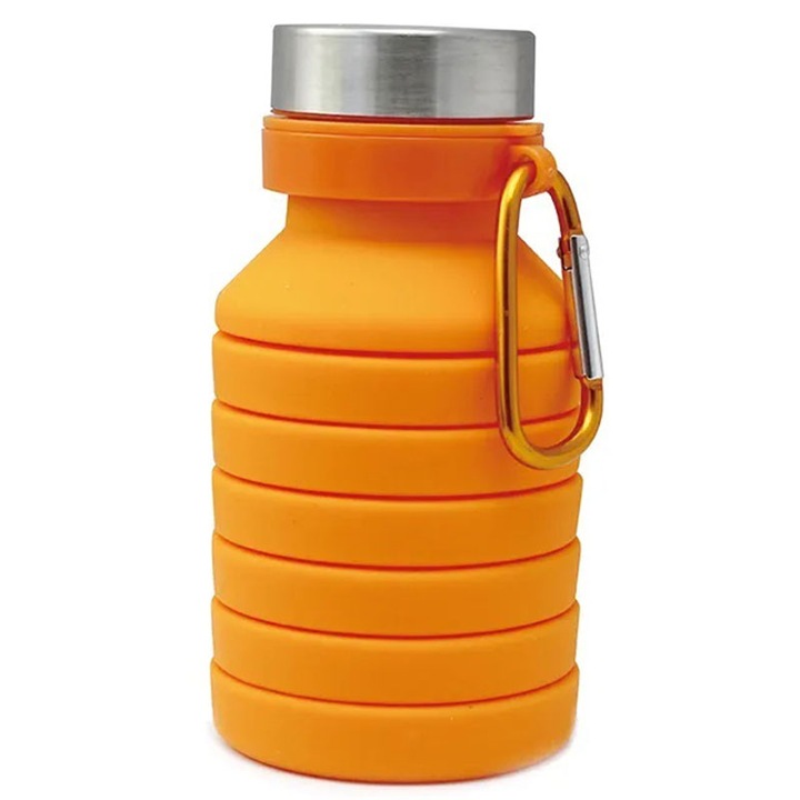 Сгъваема бутилка за вода, за многократна употреба, без BPA, силиконова, преносима и устойчива на течове, фитнес зала, къмпинг, пътуване, 550 мл, оранжева, mediLOGIC™