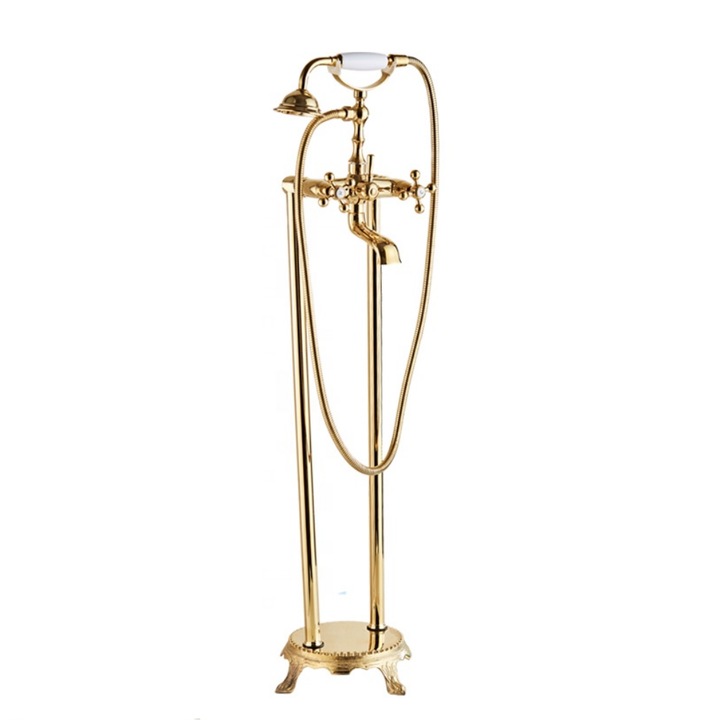 Baterie de podea Virovetix, tip freestanding, model retro, design deosebit, finisaj auriu, cu maner de mana ceramic, montaj pe podea, 2 functii de curgere a apei, robinet podea pentru cada