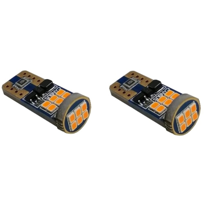 Set 2 Becuri LED Auto T10, AutoREY® Premium, Canbus W5W Ultrabright, Pentru Pozitie, Plafoniere Si Portbagaj, Lumina Portocalie 3000K, Fara Erori In Bord, Instalare Plug & Play, Durata Lunga De Viata, Design Compact, Portocaliu
