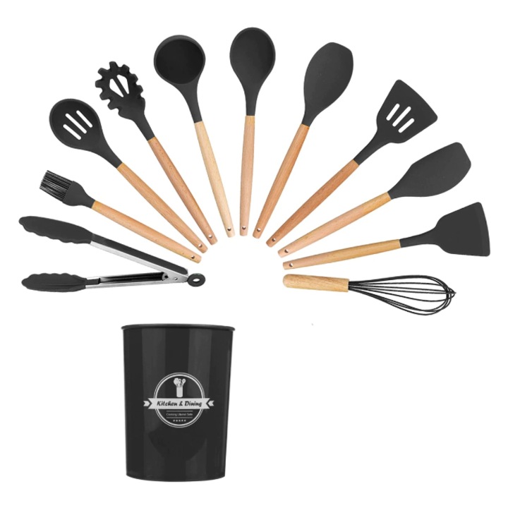 Set 12 piese, ustensile bucatarie din Lemn si Silicon alimentar, Termorezistente, Antiaderente, Suport Blat, Saiconcept®, Negru