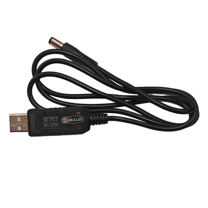 Feszültségátalakító 5V USB - 12V 1A~2A jack 5,5x2,1 mm, Tápegység, CCTV led megfigyelő kamera tápegység Univerzális, fekete, 1 m