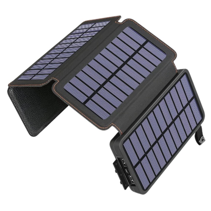 Külső hordozható napelemes akkumulátor 20 000 mAh, Power Bank, 4 panel, vízálló, LED zseblámpa, fekete