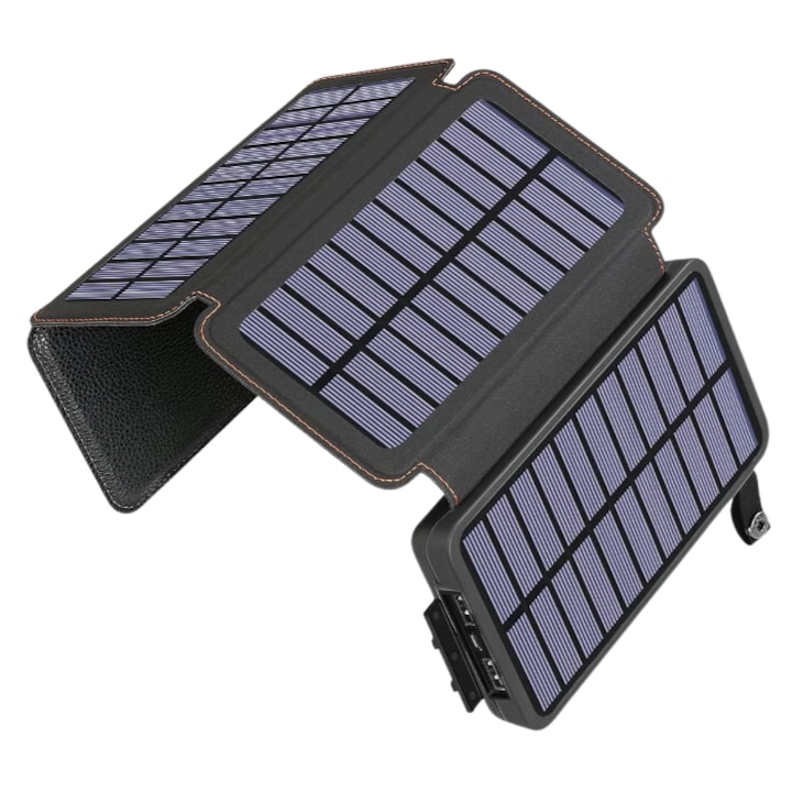 Külső hordozható napelemes akkumulátor 19 000 mAh, Power Bank, 4 panel, vízálló, LED zseblámpa, fekete