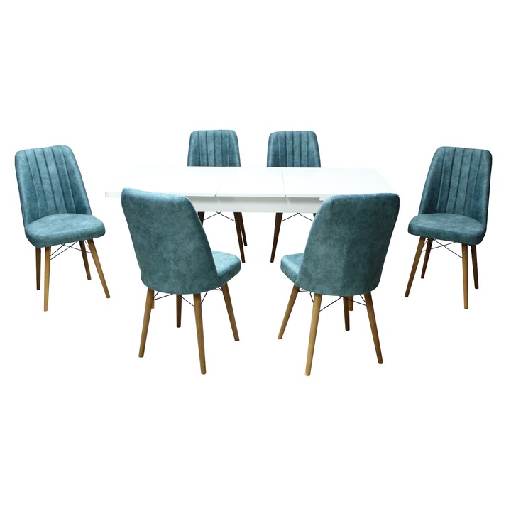 Set masa extensibila Aris Alb cu 6 scaune Atena, dreptunghiulara, blat din PAL laminat, picioare din lemn, tapiterie din material textil, alb/bluemarin, 130x78x80 cm