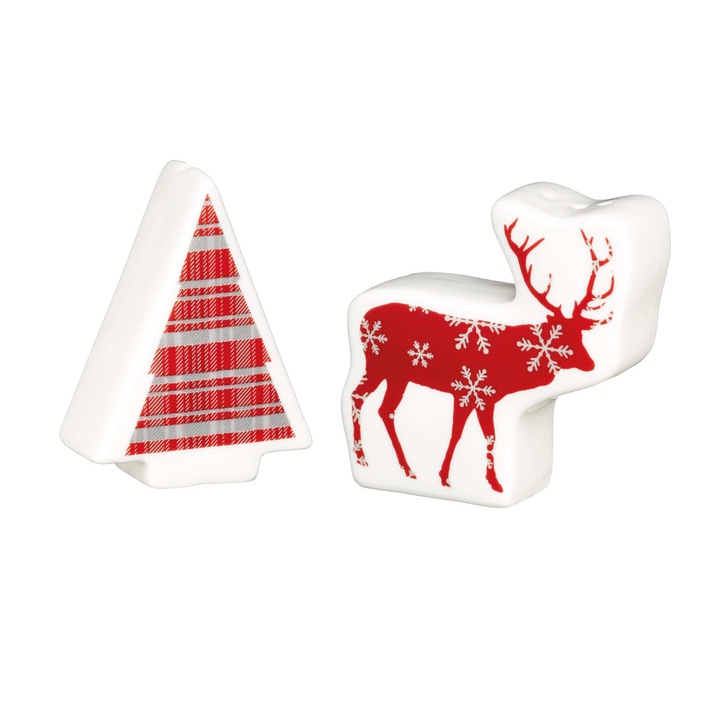 Set de sare si piper din portelan, KitchenCraft, We Love Christmas, design cerb si brad, rosu si alb, 5.5x2.3x6cm