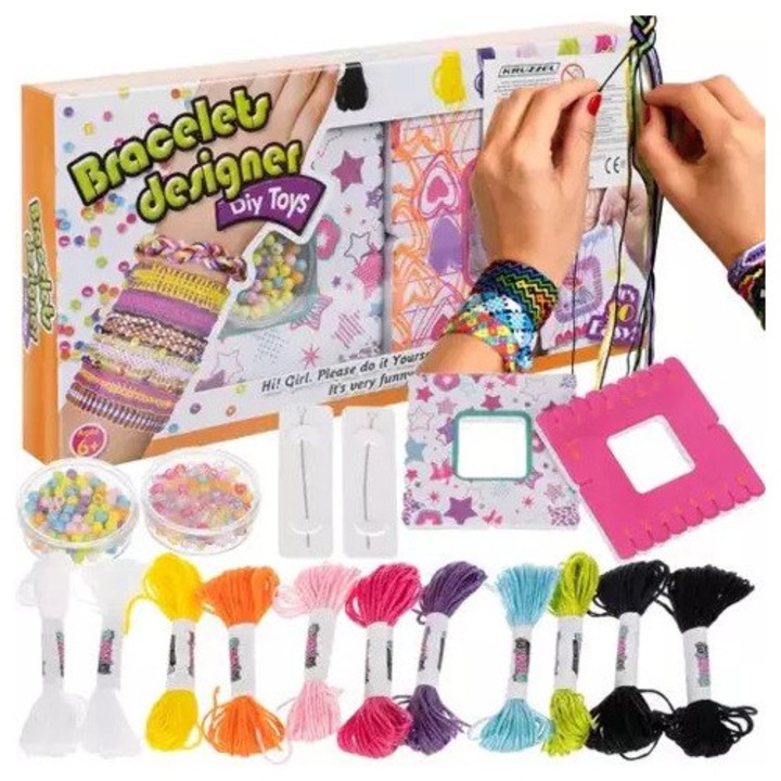 Set de Fabricare a Bratarilor, Include 9 Bobine de Ata in Culori Diferite, Contine 2 Discuri pentru Impletit, 2 Ate pentru Margele, 2 Borcane cu Margele, Materialele sunt Confortabile