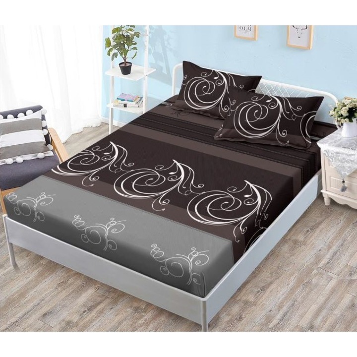 Покривало и калъфки за възглавници, 3 части, 2 лица, 180x200 см, фин сатен, многоцветно кафяво