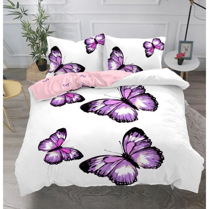 Двойно спално бельо за 2 момичета, щампа на пеперуди, 4 части, 2 души, 230x250 см, Сатениран памук, бяло многоцветно