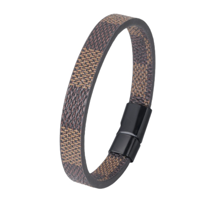 Гривна от естествена кожа, модел с щампа, магнитна закопчалка, унисекс, 20 см, Tessero, кафява