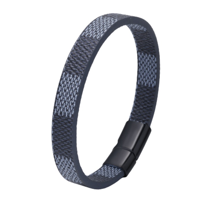 Гривна от естествена кожа, модел с щампа, магнитна закопчалка, унисекс, 20 см, Tessero, синя